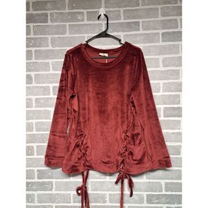 Entro Womens Burgandy Velvet Lace Tie Sides Casual Long Sleeve Blouse Size Small